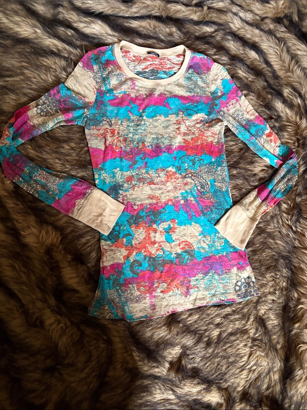 Rue21 Floral Watercolor Crewneck Long Sleeve Tee - Teal, Coral, Magenta Size L